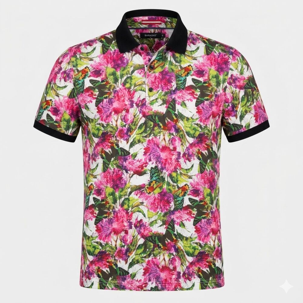 Barabas Floral Butterfly Print Luxury Polo Shirt Pink Green Mens Medium Tropical